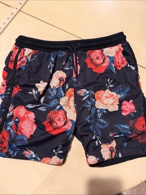 Primark Black Floral Mesh Shorts with Red and Peach Roses
